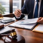 An investment fraud lawyer reviewing financial documents and legal records in a professional office setting.